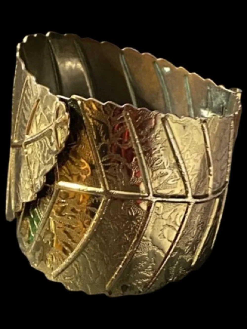 Gold Tone Textured Wide Leaf Design Hinge Overlapping Cuff Bracelet Bohemian